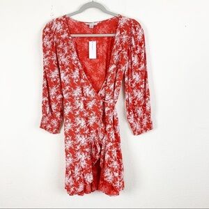 American Eagle | Womens Red Floral long sleeve ruffle wrap dres